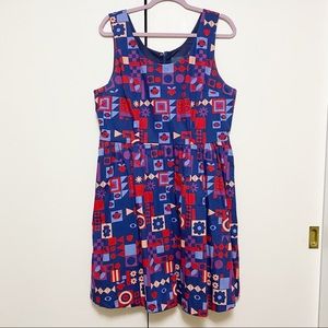 Modcloth "Optimistic Effect" Geometric Print Dress Red Blue XL
